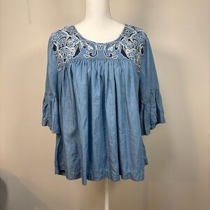 Boho Chambray Embroidered Flutter Sleeve Top Women’s XL Tencel Lyocell